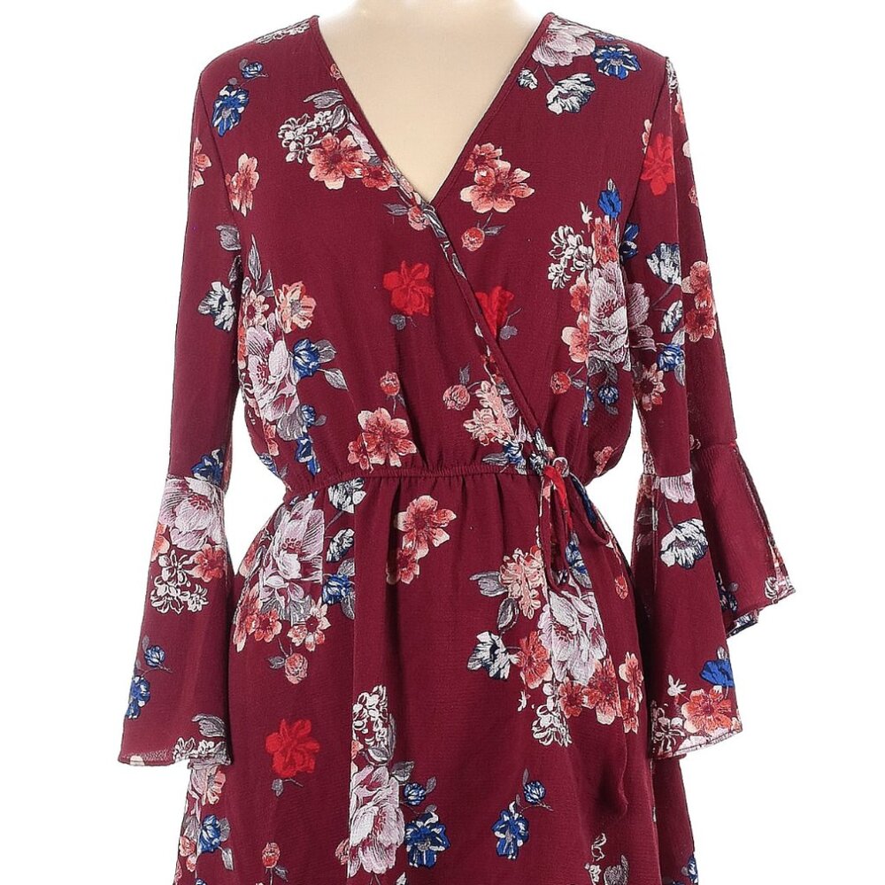 Burgundy and Floral Faux Wrap Flutter-Sleeve Mini Dress